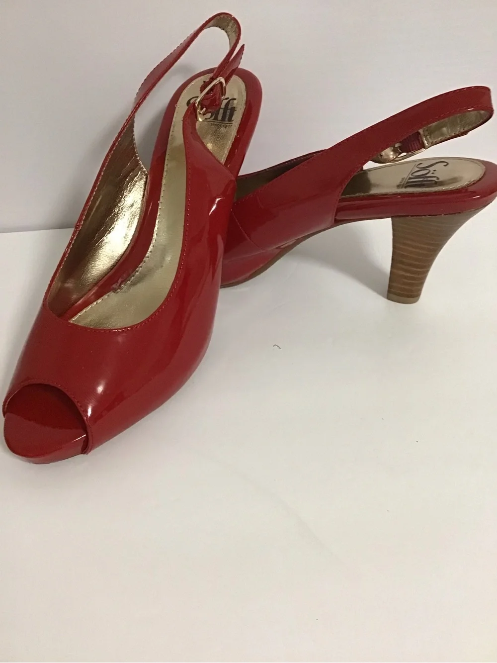 Sofft Red Patent Slingback Peep-Toe Heels with Stacked Heel